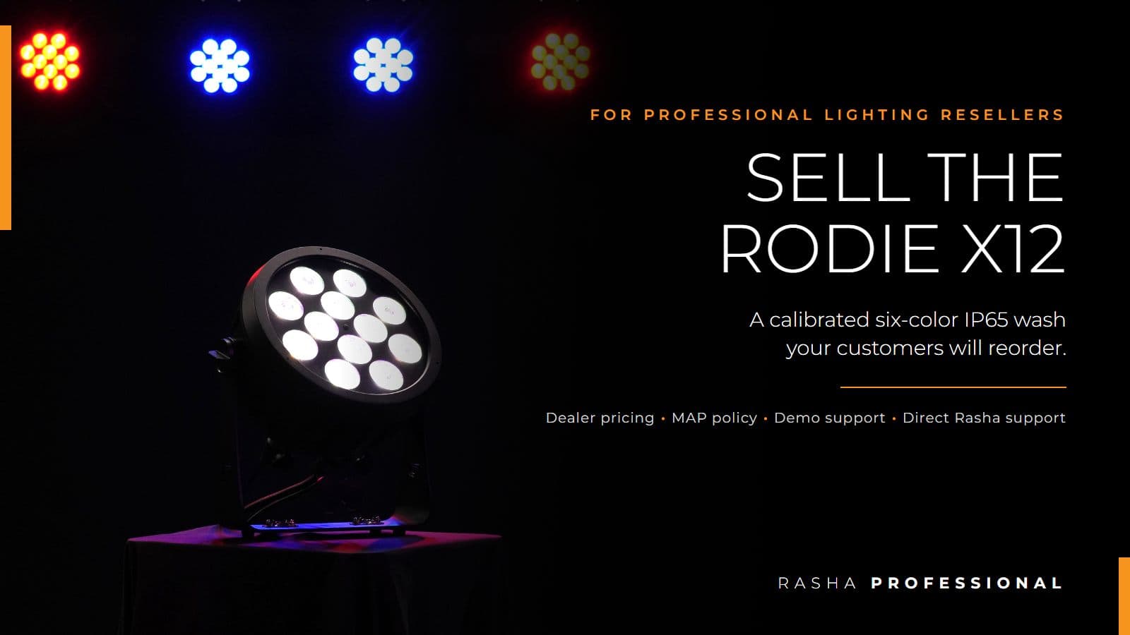 Rodie X12 RGBACL IP65 LED wash light for professional lighting resellers, Rasha dealer program