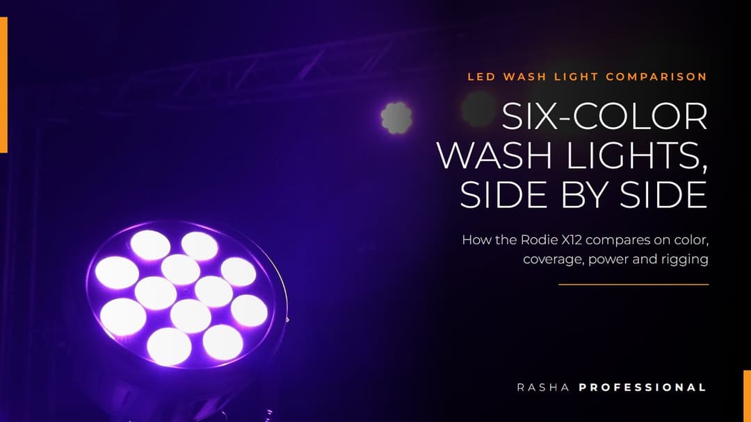 Rodie X12 six-color RGBACL LED wash light on stage with truss, LED wash light comparison