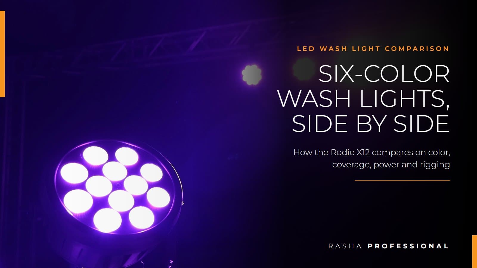 Rodie X12 six-color RGBACL LED wash light on stage with truss, LED wash light comparison