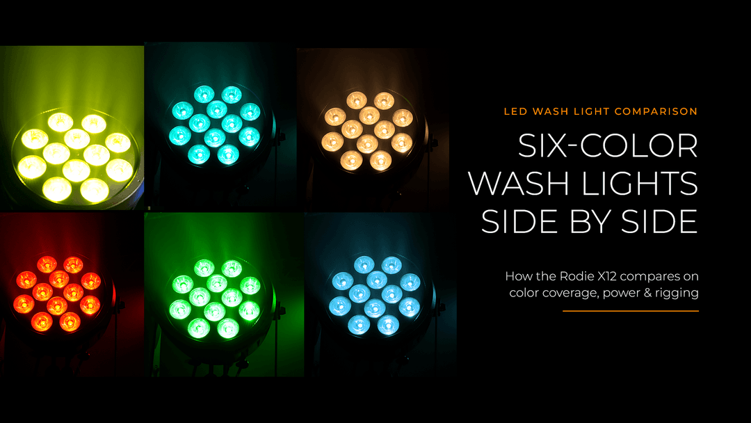 Rodie X12 six-color RGBACL LED wash light on stage with truss, LED wash light comparison