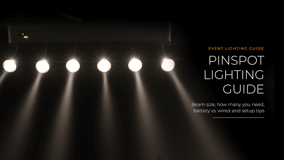 Pin spot lighting guide: Rasha Bullet Bar battery powered pinspot bar with six warm white beams on truss