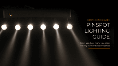 Pin spot lighting guide: Rasha Bullet Bar battery powered pinspot bar with six warm white beams on truss